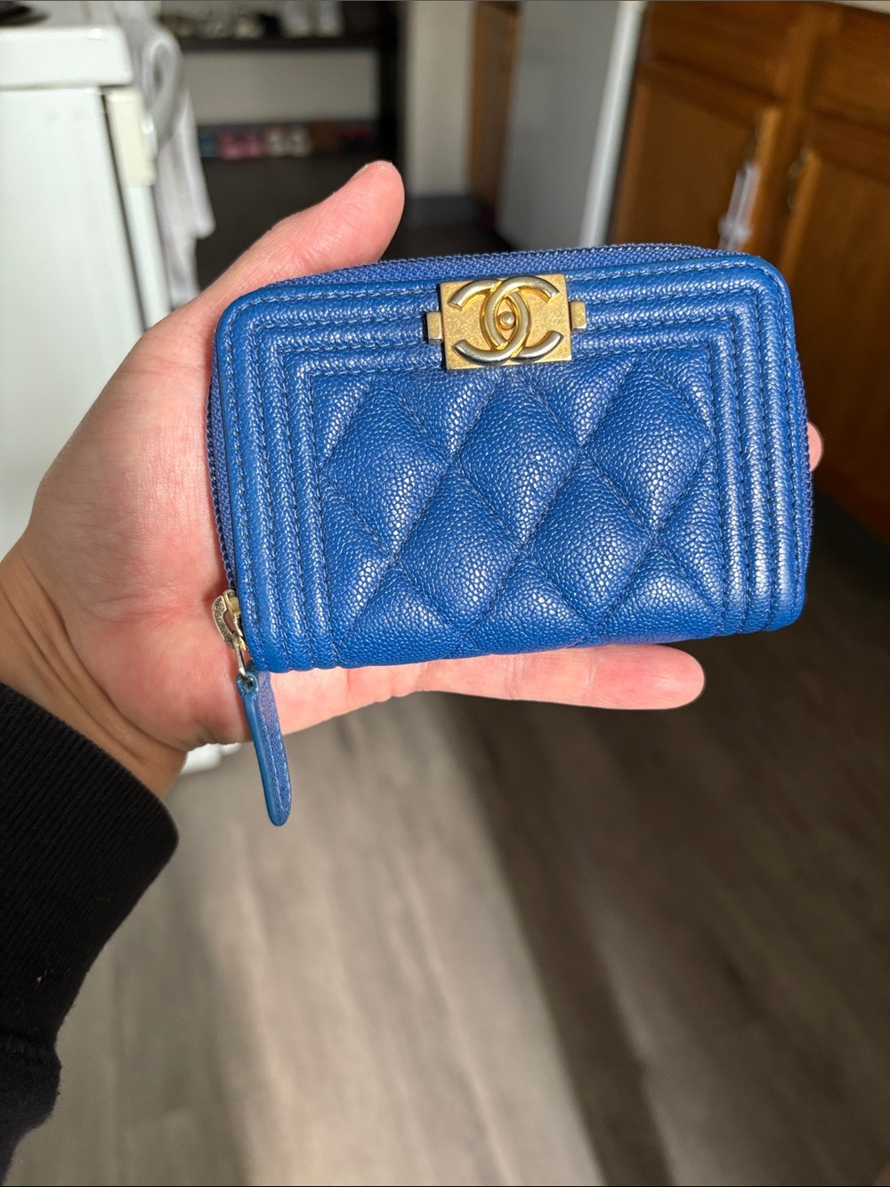 CHANEL boy Blue Quilted Caviar Leather Zip Card Case wallet with Gold CC